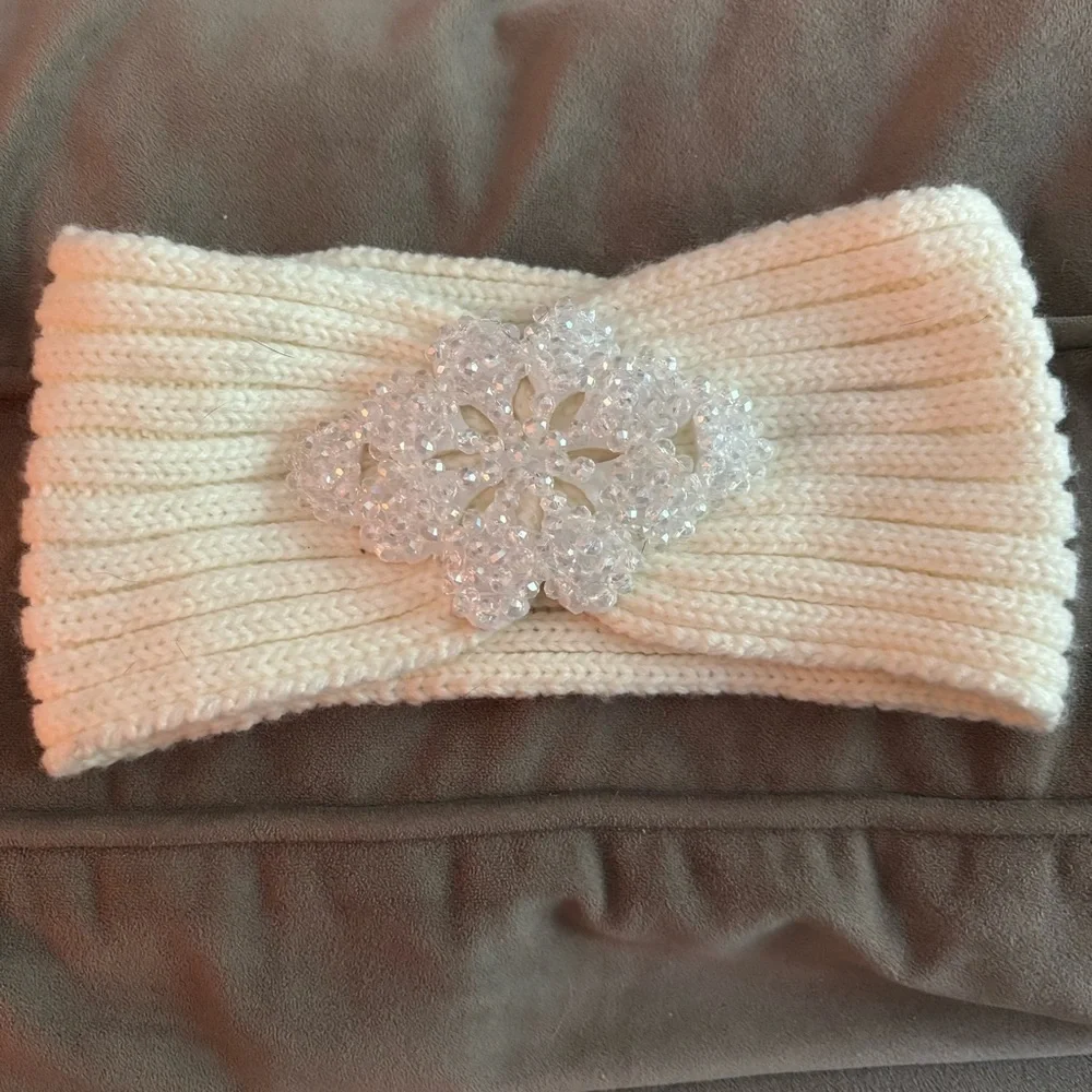 Betsey Johnson Cream Knit Headband with Crystal Detail
